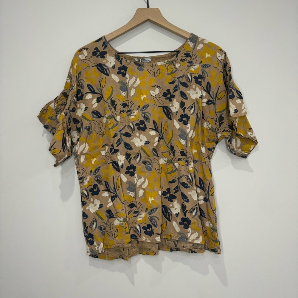 Elena Baldi NWT pure linen floral boxy ruffle sleeve pop over blouse medium